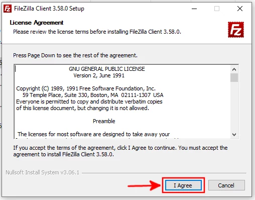 Accepting the FileZilla terms of agreement