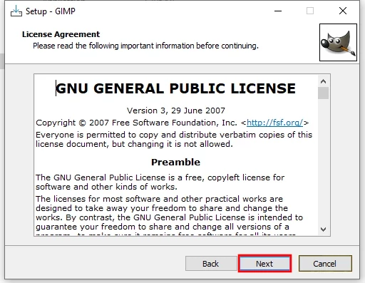Accepting GIMP license agreement