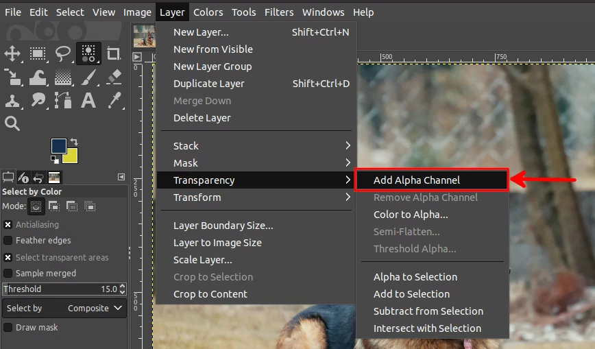 Adding alpha channel on GIMP image layer