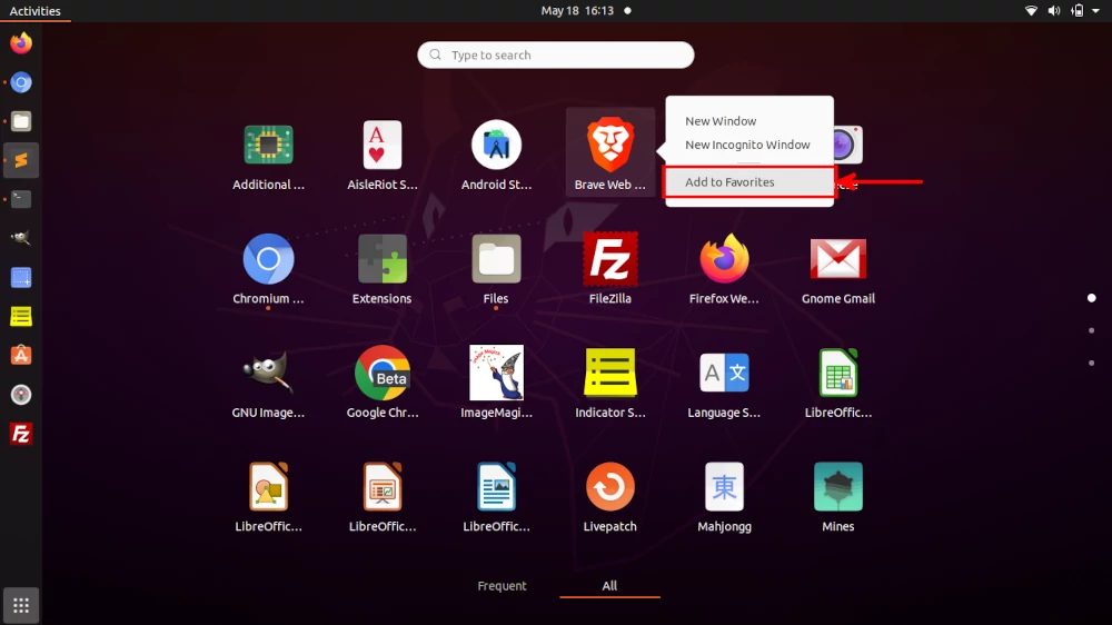 Adding an app to the Favorites bar in Ubuntu