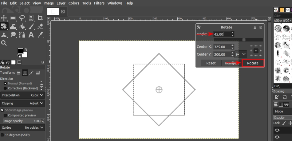 Applying square selection rotation for octagon drawing in GIMP