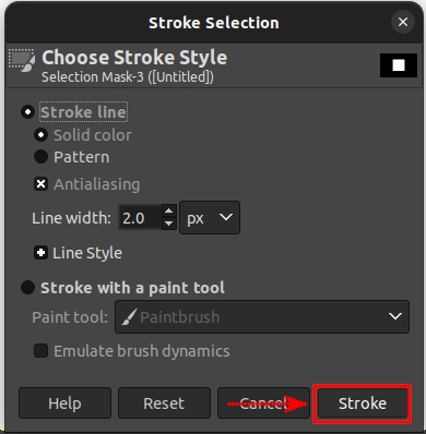 Applying stroke on square selection in GIMP