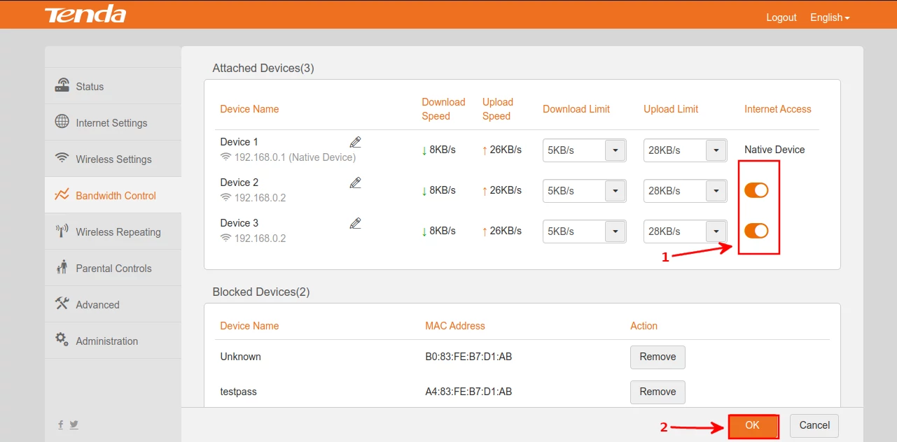 Blocking a device in Tenda F3 router