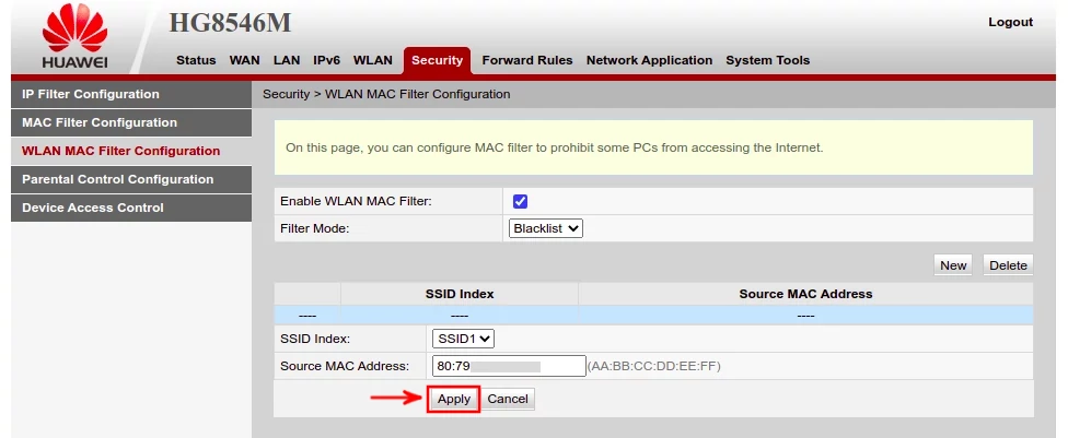 Blocking a MAC address on Huawei router