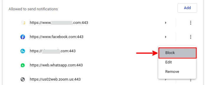 Blocking a website's notifications on Chromium browser