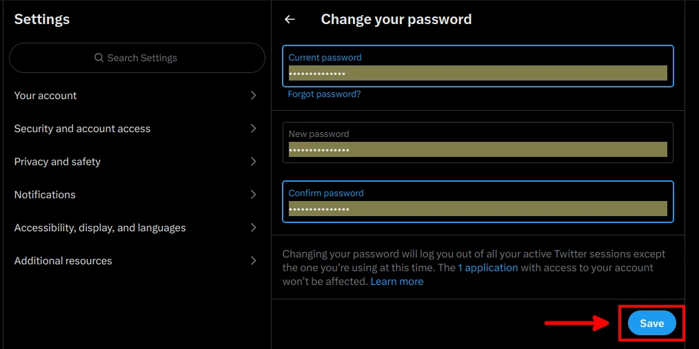 Changing account password on Twitter