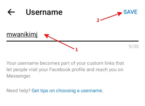 Changing Facebook account username on mobile