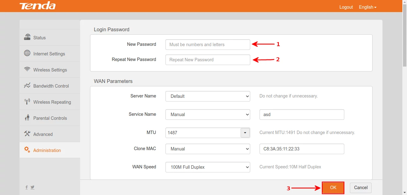 Changing login password for Tenda F3 router interface