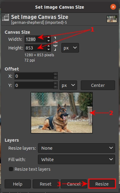 Changing the image canvas size in GIMP