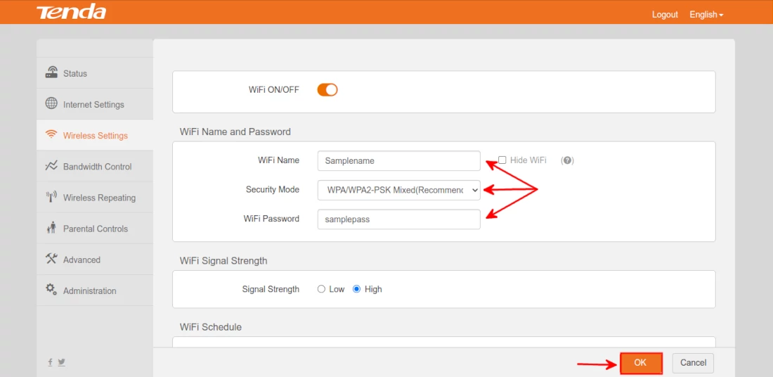 Changing WiFi name & password on Tenda F3 router