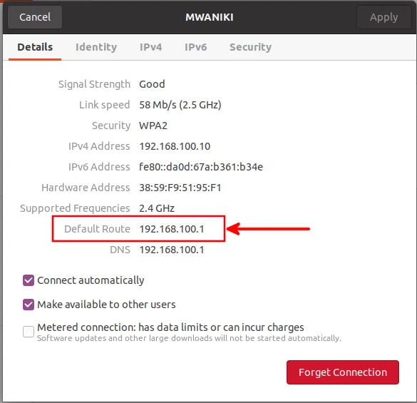 Checking default gateway IP via settings