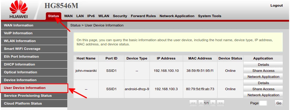Checking devices connected to WiFi on Huawei HG8546M router