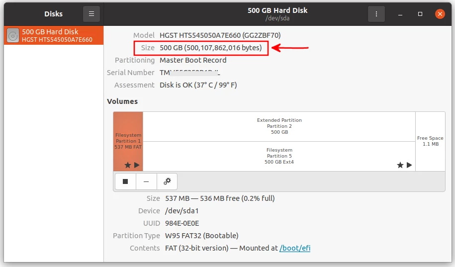 Checking disk size in Ubuntu disks utility