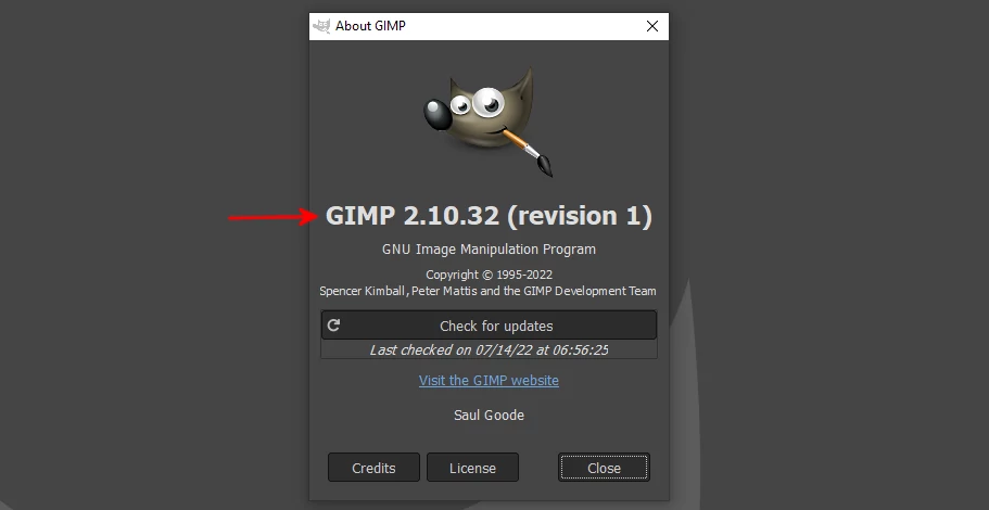 Checking GIMP version via Help About menu