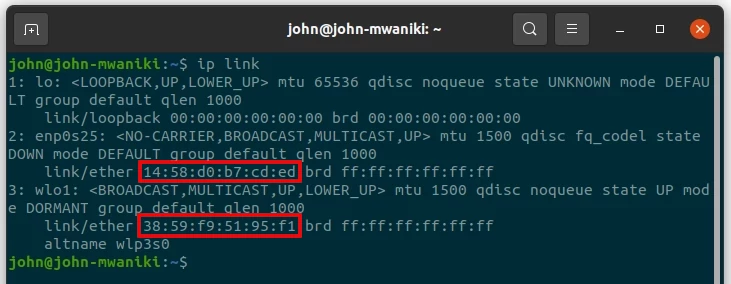 Checking MAC address via Ubuntu terminal command