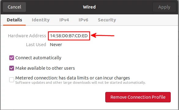 Checking wired network card MAC address in Ubuntu
