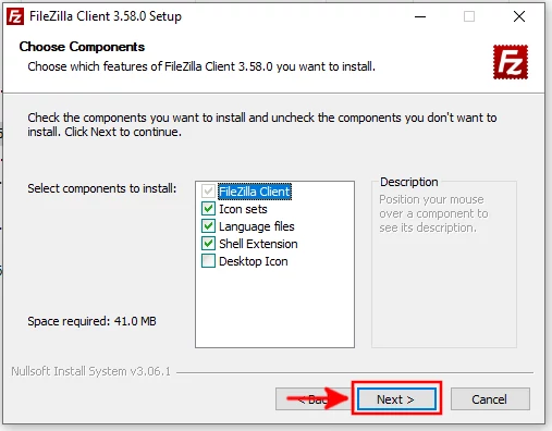 Choosing FileZilla components to install