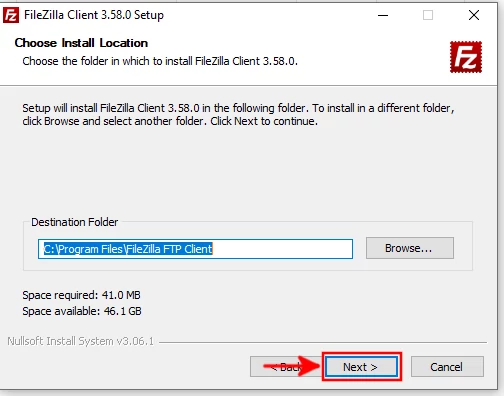 Choosing FileZilla installation path