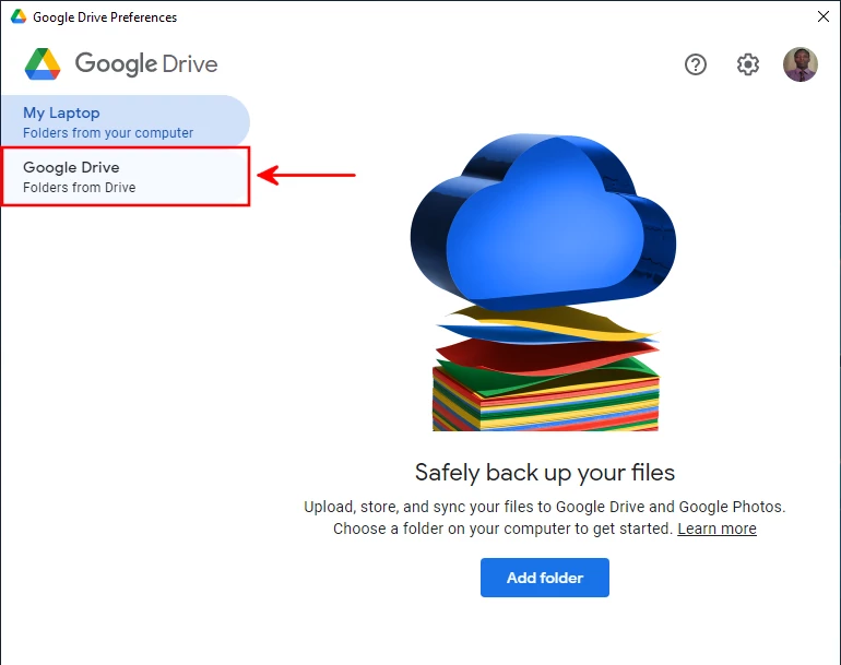 Choosing folders from drive option in Google Drive preferences