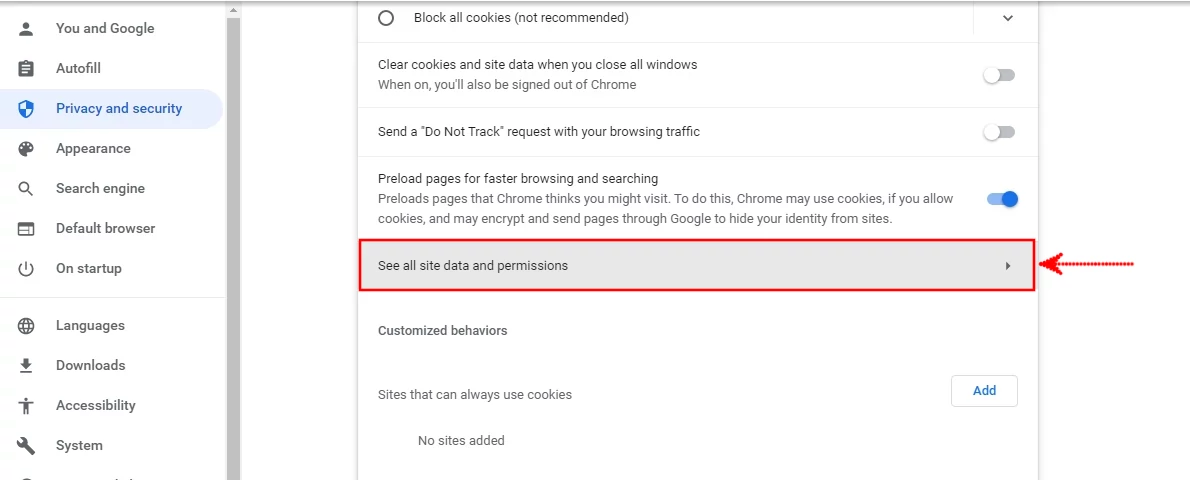 Chrome see all site data and permissions