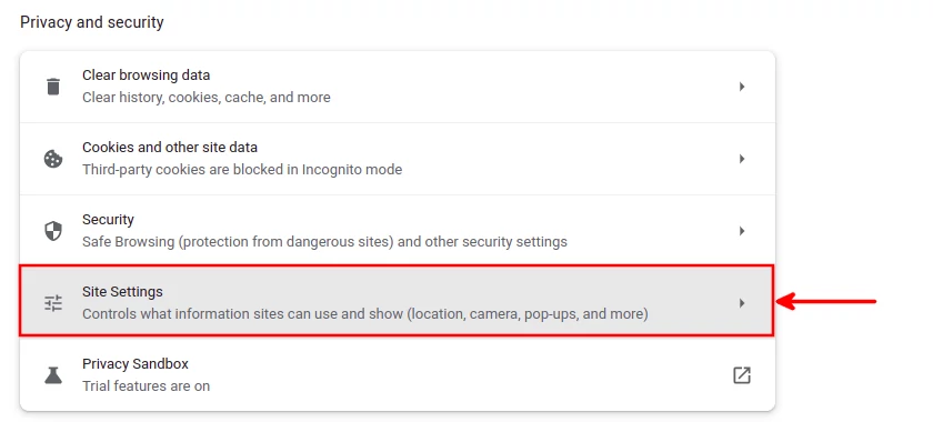 Chromium Privacy and Security site settings