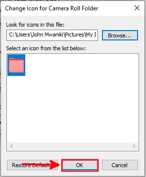 Confirm selection of a custom folder icon from pc storage