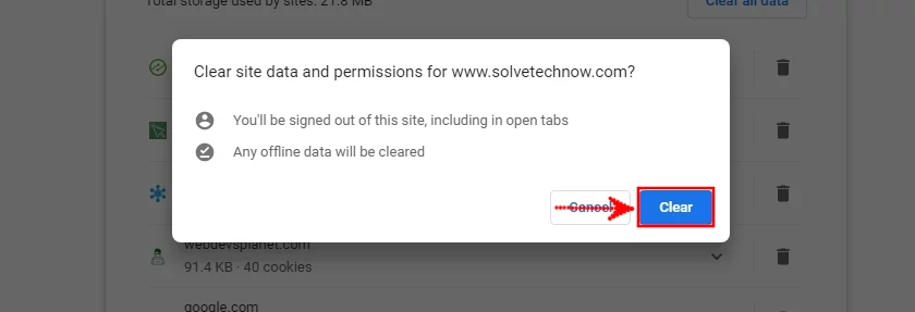 Confirming site data deletion on Chrome