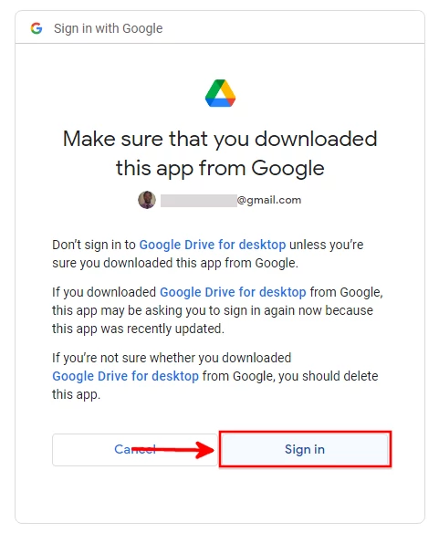 Confirming you downloaded Google Drive app