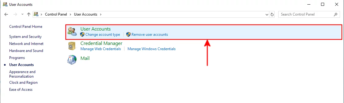 Opening user accounts on the control panel