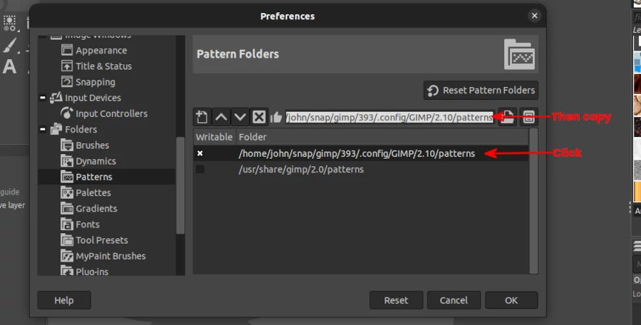 Copying custom patterns path in GIMP