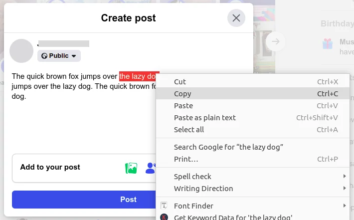 Copying text on a Facebook post