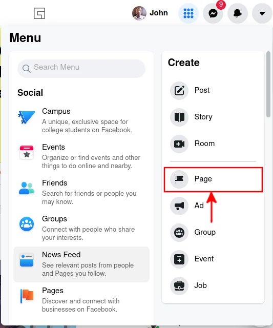 Create Facebook page option