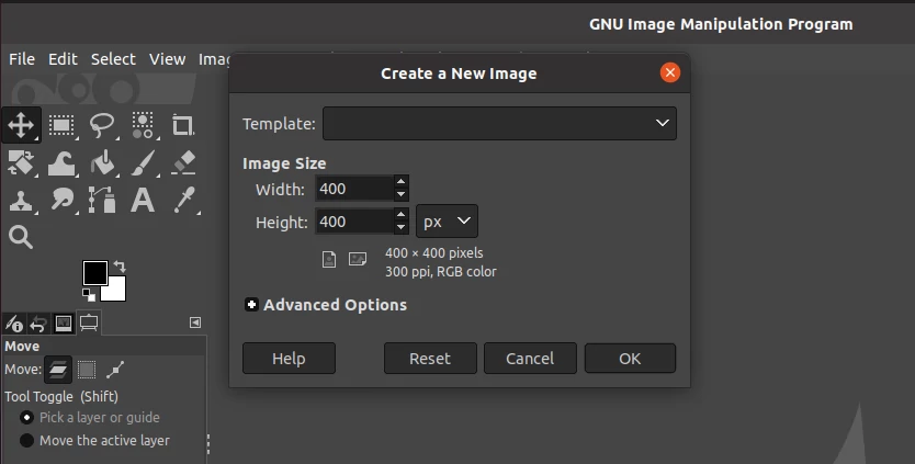 Creating a new image in GIMP