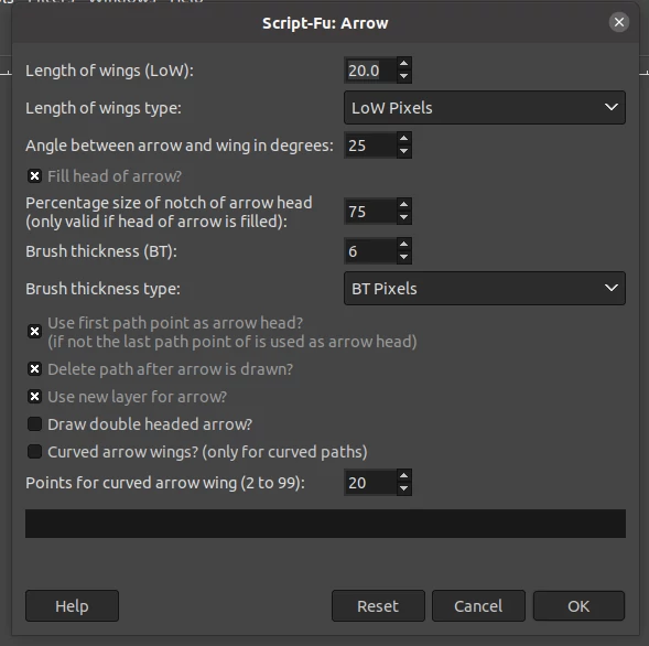 Customizing arrow options in Gimp