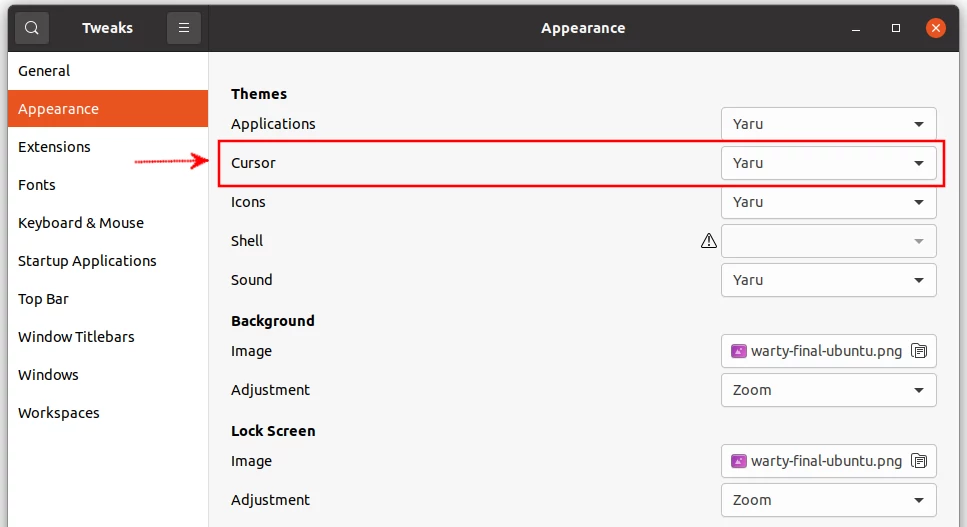 Default cursor theme on GNOME tweaks app