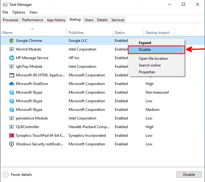 Disabling a Startup program in Task Manager