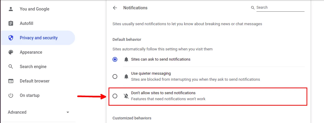 Disabling all sites from sending notifications on chromium
