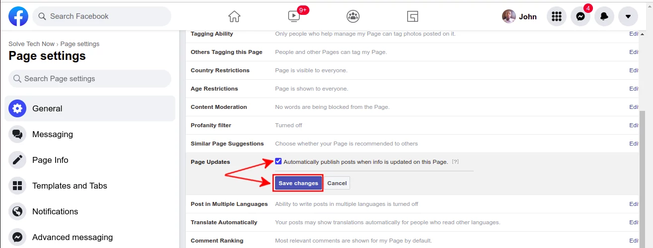 Disabling posts on updating facebook page info