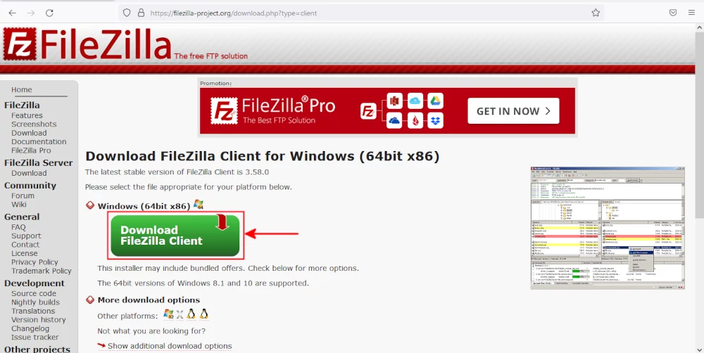 Downloading FileZilla for Windows setup
