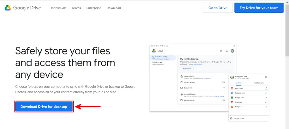 Downloading Google Drive for desktop app