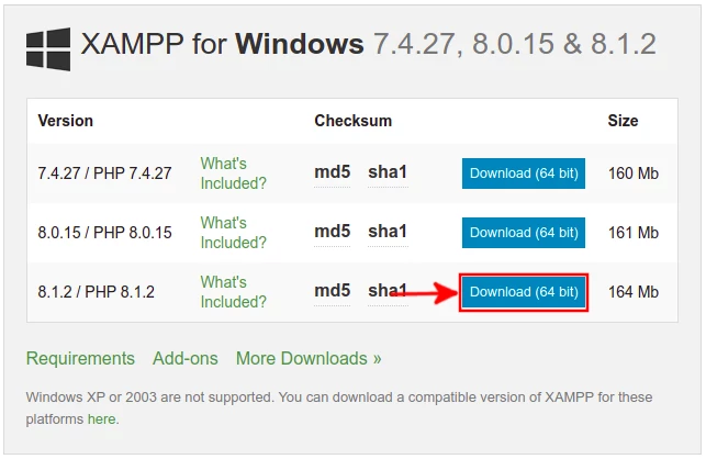 Downloading XAMPP setup for Windows