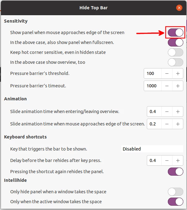 Enabling top bar auto-hide in GNOME extensions