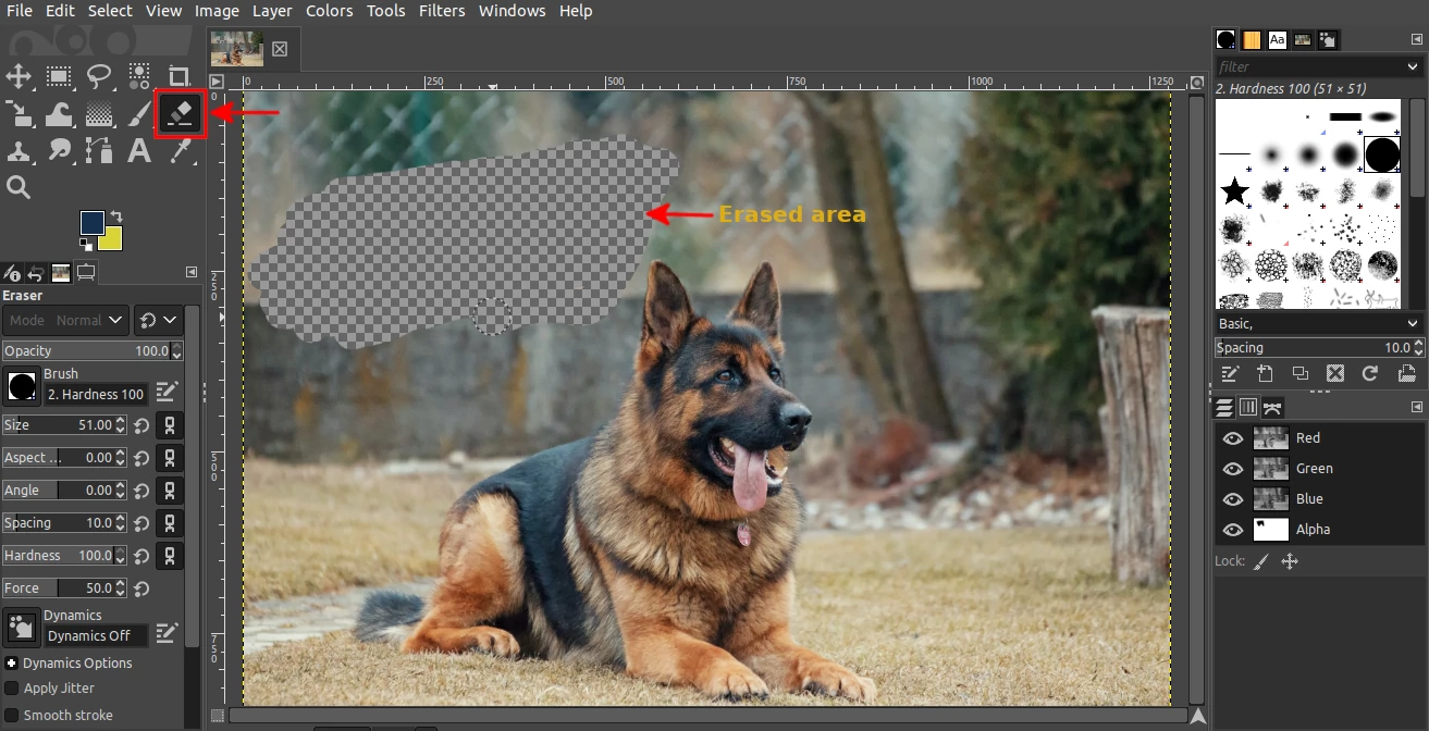 Erasing image background with eraser tool in GIMP