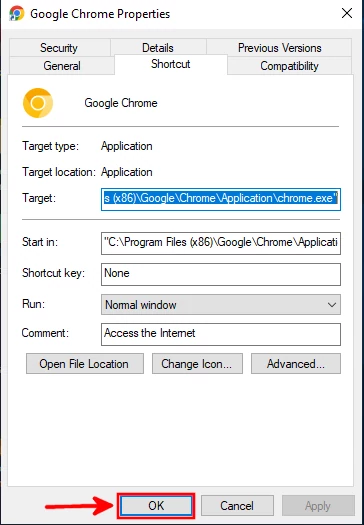 Exiting Google Chrome properties window