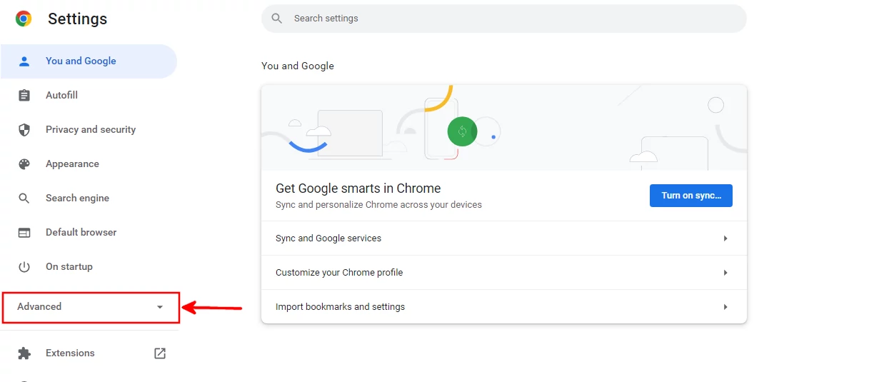 Expanding Chrome browser advanced settings