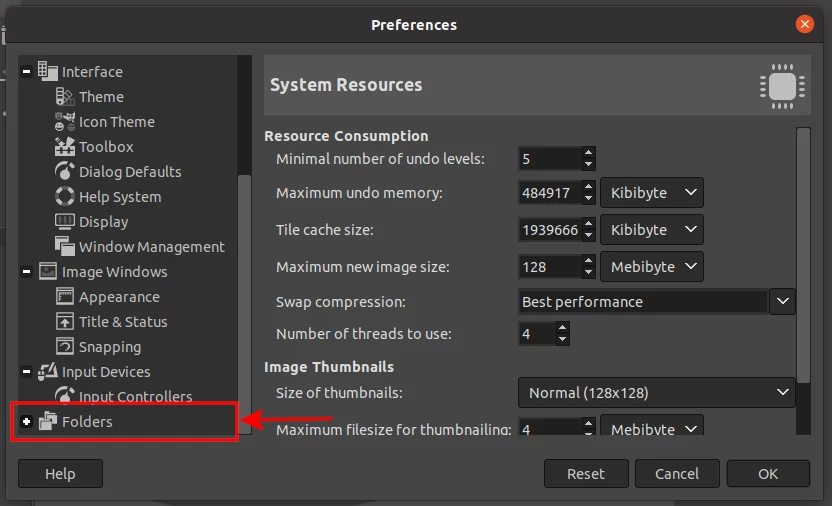 Expanding GIMP folders menu