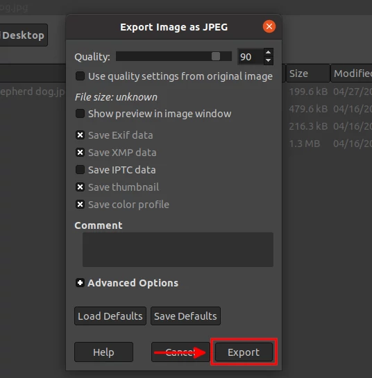 Export image as JPEG dialog in GIMP