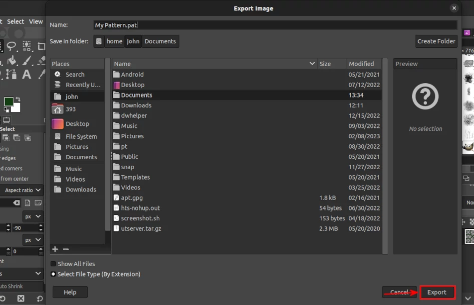 Exporting a pattern file in GIMP