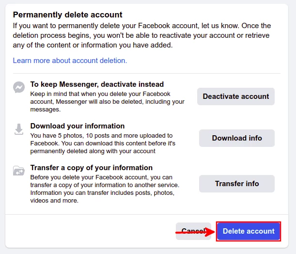 Facebook account deletion confirmation