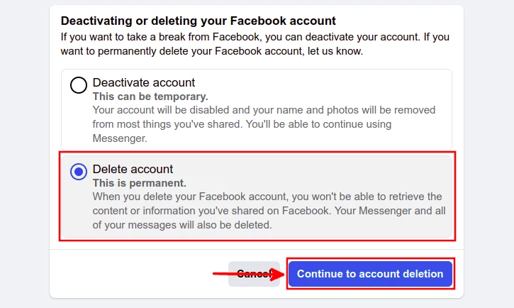 Facebook account deletion option